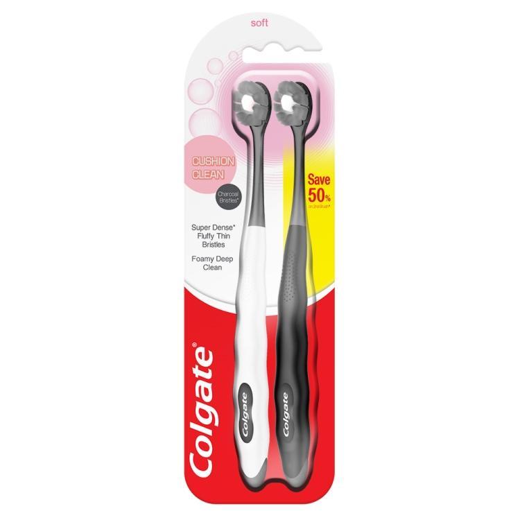 Colgate Cushion Clean Charcoal Super Dense Fluffy Toothbrush Valuepack 2s (Soft)
